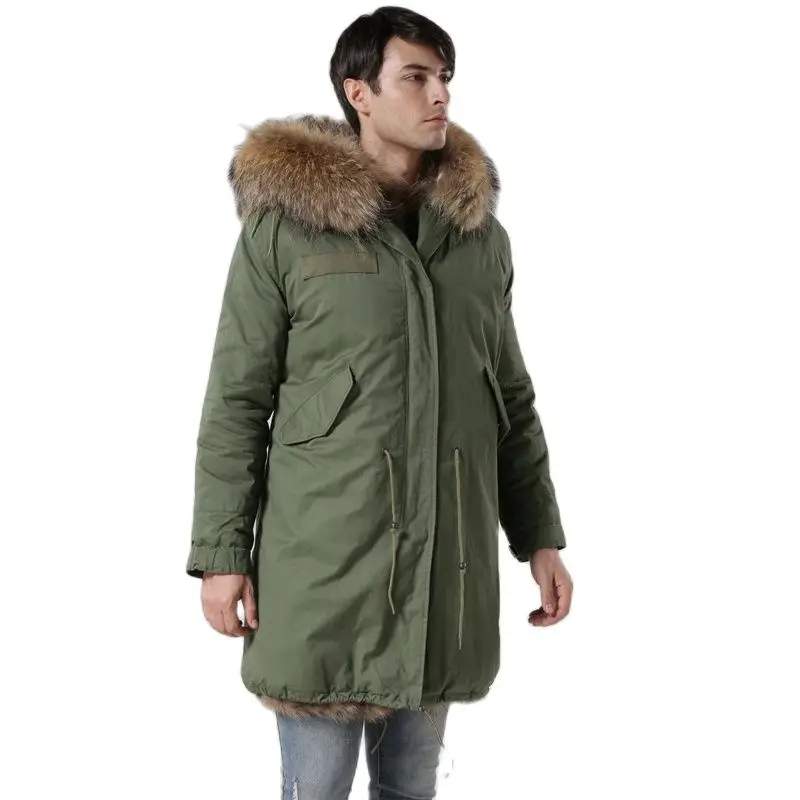 Winter Coat Fox Fur Lining Mens Army-green Long Style Fashion Real Collar Windproof Parka Factory Price Outwear | Мужская одежда
