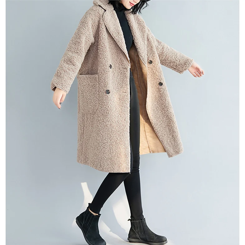 

Korean Slim Collar Warm Vintage Ladies Turndown Fashion Autumn Winter Wool Double-breasted Coats Women Coat lambswool Outerwear