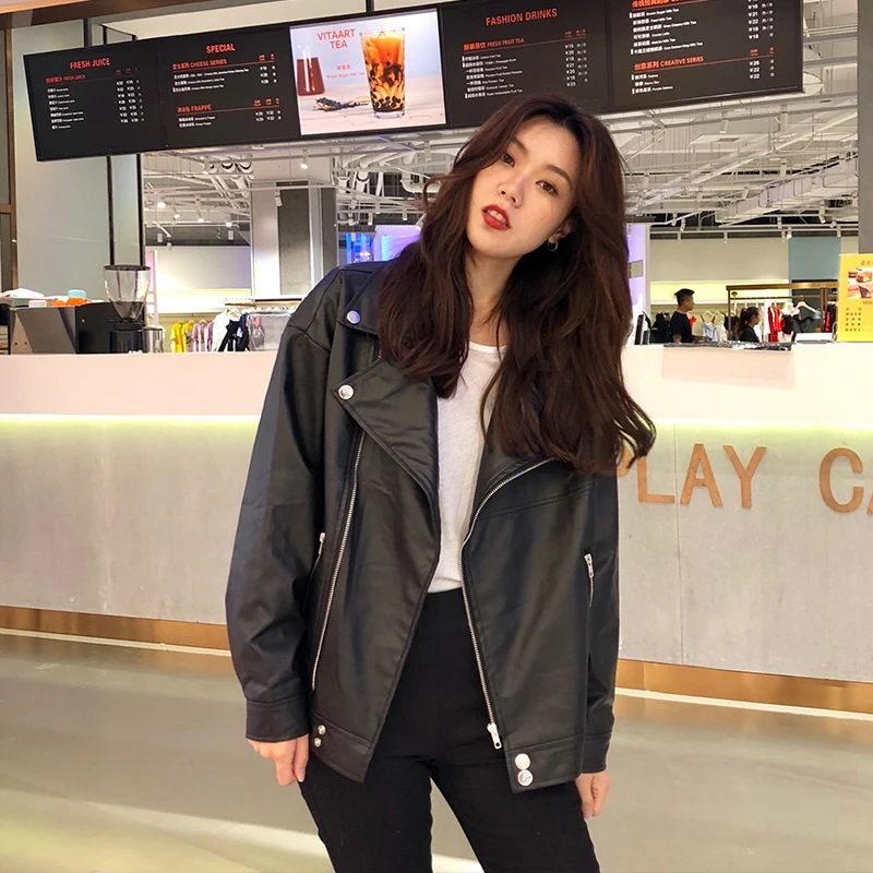 Korean Women PU Leather Jacket Oversized Chic Leather Biker Jacket Women Chaqueta Cuero Mujer Veste Cuir Femme