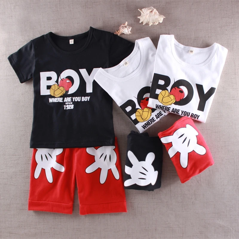 

ins tide boy T-shirt short-sleeved suit 2021 summer new middle and small children round neck BOY printing two-piece suit