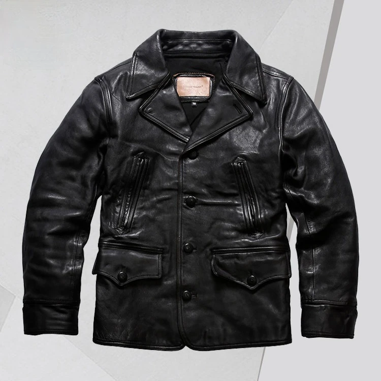 

2021 New Japanese-Style Retro Two-Color First Layer Tea Core Horse Leather Jacket Men's Lapel Dispatcher Genuine Leather Clothes