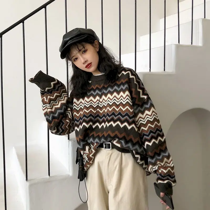 

Свитера в стиле ретро с принтом в полоску и круглым вырезом, Женский пуловер, вязаный свитер, осенняя одежда, Милая зимняя одежда большого ра...