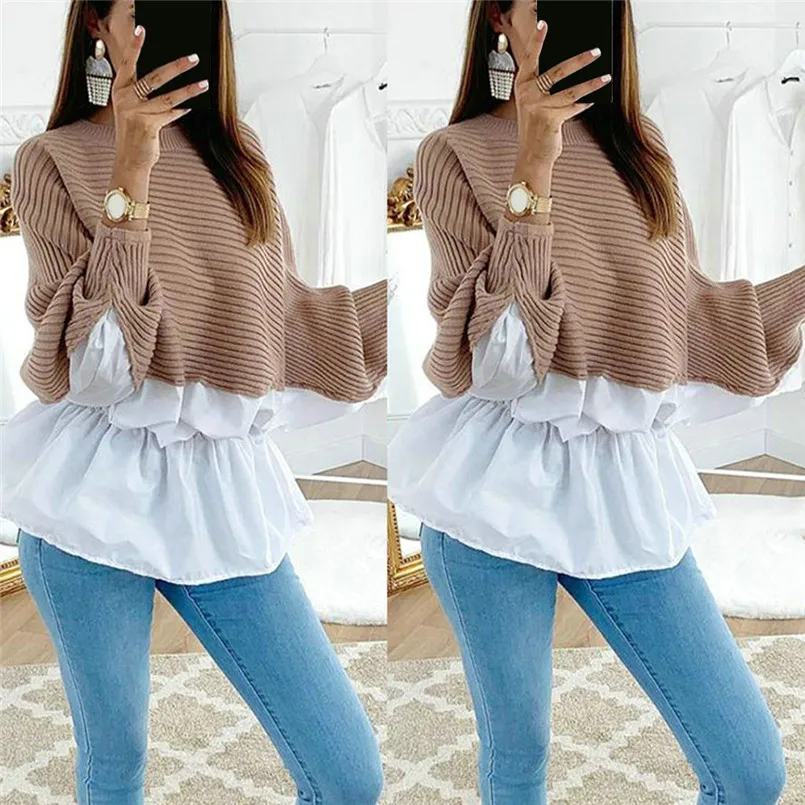 Women's Ruffled Stitching Sleeve Round Neck Long Sweater Top #4n07 |