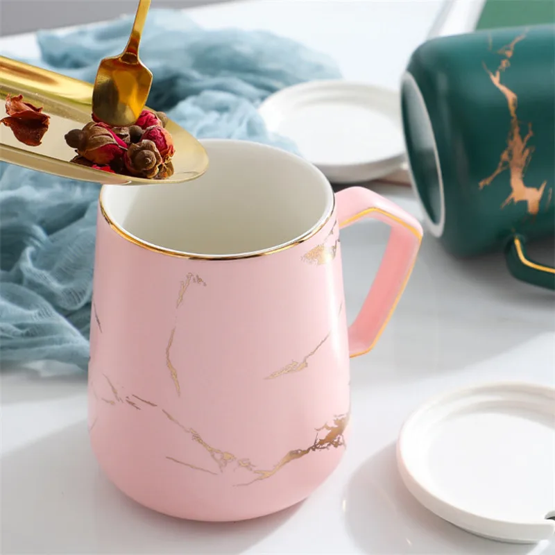 Скандинавский керамический Мраморный Узор кофейная кружка с крышкой и ложкой