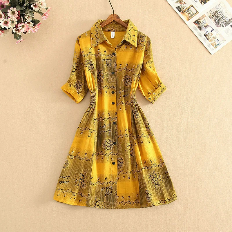 

Summer Letter Printed Ruched Midi Shirt Dress Vintage Casual Cotton Vestidos Women Short Sleeve Slim Waist Button Sundress New