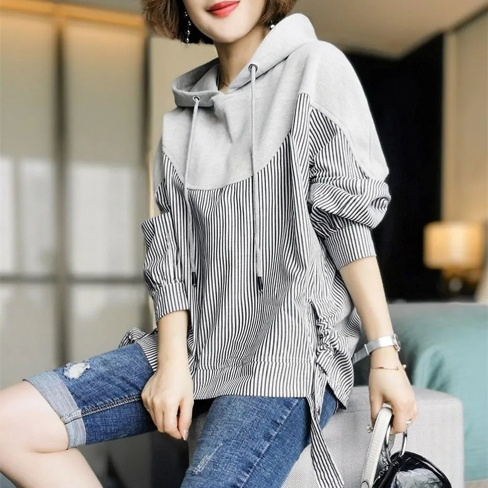 

Autumn New 2021 Casual Design Splicing Fake Two Hoodie Women's Fashion Japanese Style Loose Long Sleeve Drawstring Simplicity