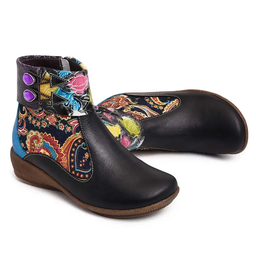 SOCOFY botas mujer; удобные черные ботильоны из натуральной кожи на плоской подошве в стиле ретро с рисунком розы; женская обувь на каблуке; вечерние зимние ботинки; коллекция года