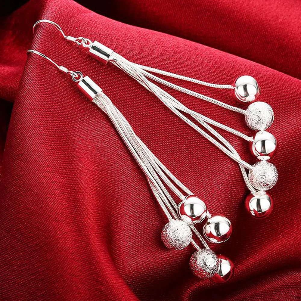 

925 Sterling Silver Long Hanging Balls Snake Chain Dangle Earrings For Women Wedding Fashion Luxury Jewelry Christmas Gift