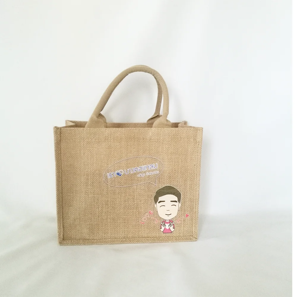 

High Quality 100pcs/lot Custom Natural Recycled Tote Bags Jute shopping gift bag with your own Colorful logo oem order