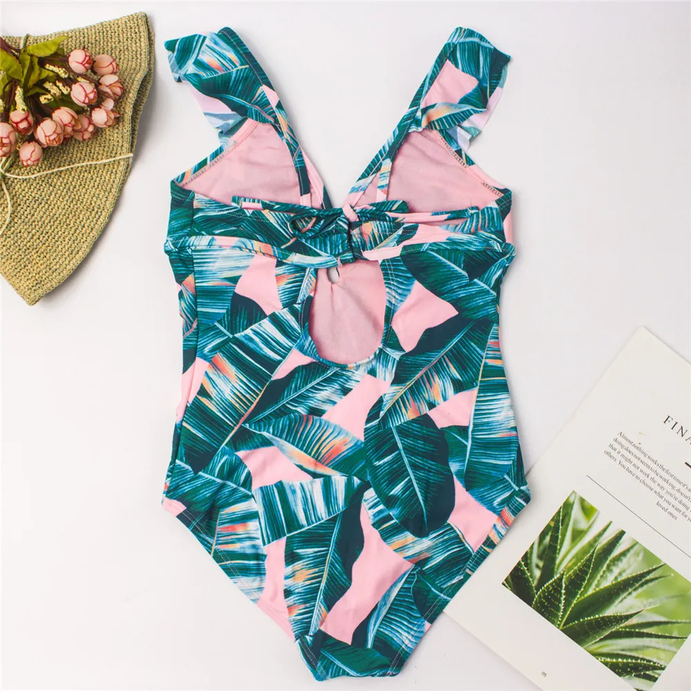2021 слитный купальник для девочек с принтом листьев бандажный Falbala летний