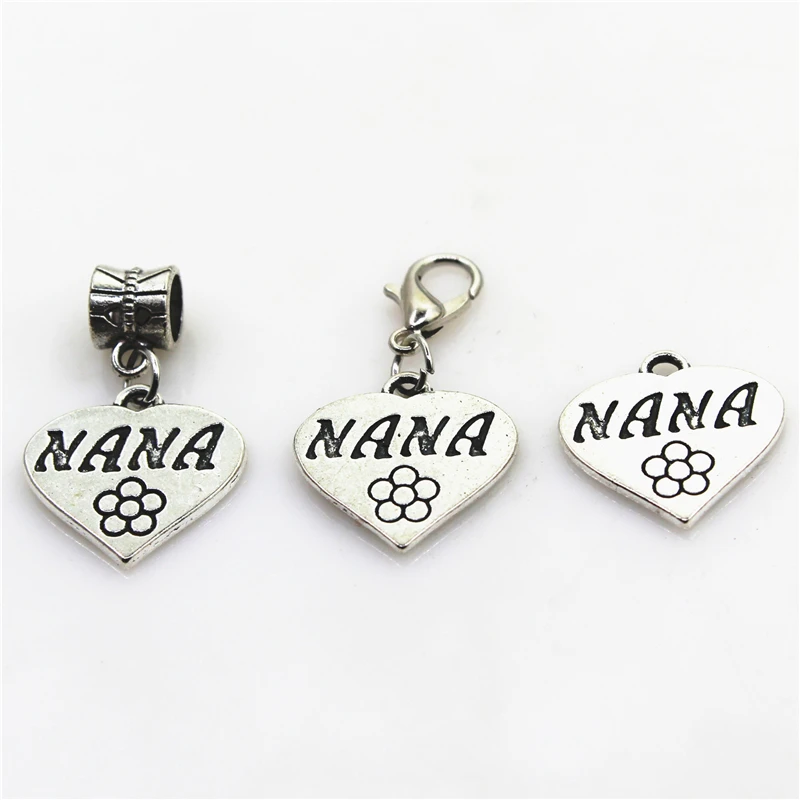 

Hot selling 20pcs/lot heart Nana charm dangle charms lobster clasp charm DIY bracelets Pendant jewelry accessory hanging charm