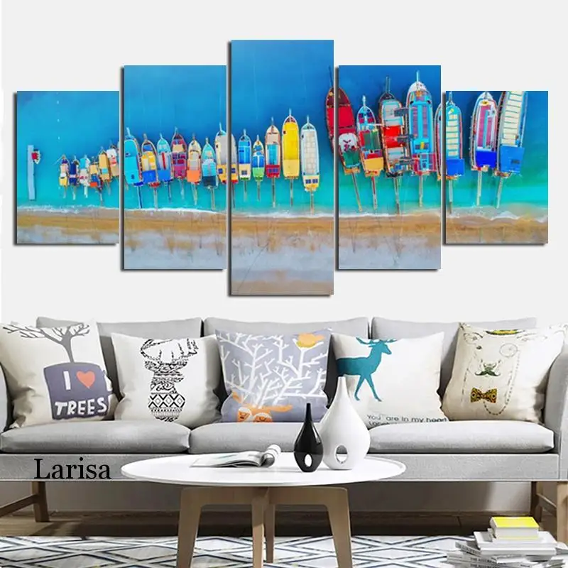

Blue Sea and Sea Boat Frameless Landscape Canvas Painting Hd Printing Five Piece Poster Wall Art Pictures for Home Decoration