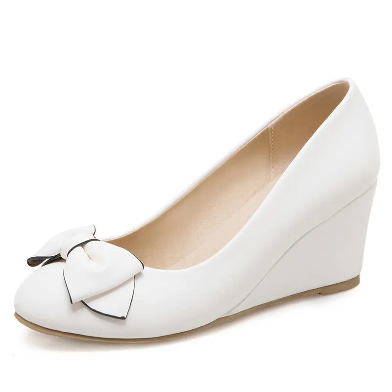 Туфли лодочки женские на танкетке милые вечерние туфли с бантом без застежки