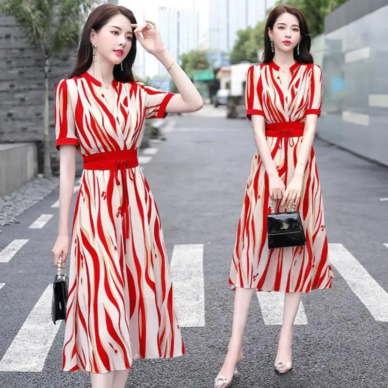 

Chiffon Dress Women's Summer 2023New Loose Mid-Length Tie Vestidos Female Short-Sleeved A-Line Dresses Ladies L601