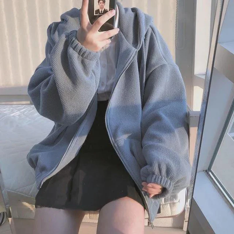 

Harajuku Korean Women's Zip-up Hooded Sweatshirts 2021 Warm Winter Hoodies Casual Loose Long Sleeve Pocket Large Coats Sudaderas