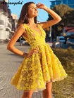 Уникальное Желтое Короткое платье для выпускного вечера с V-образным вырезом и кружевной аппликацией
