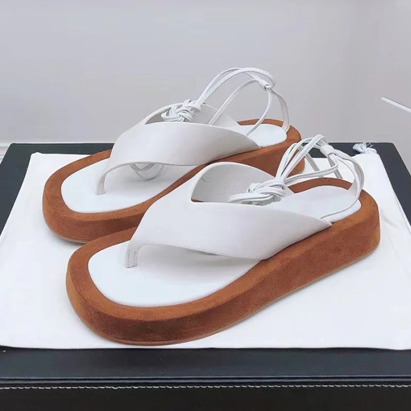 

2021 summer flat heel Sandals real Leather ankle strap clip toe Runway Sandalias platform flipflops slippers beach shoes