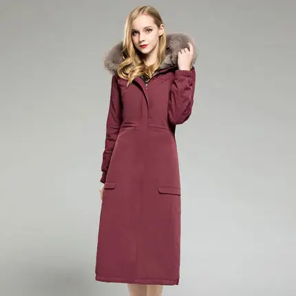 Mid Long Red Большие размеры, настоящая меховая парка, зимняя куртка для женщин, длинная куртка с натуральным кроличьим мехом, женские утепленные парки с воротником из лисьего меха - Цвет: Mid Long Red