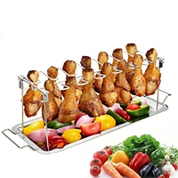 bbq grill drumstick holder roaster grill rack stainless steel barbecue 14 slots chicken leg wing rack with drip pan