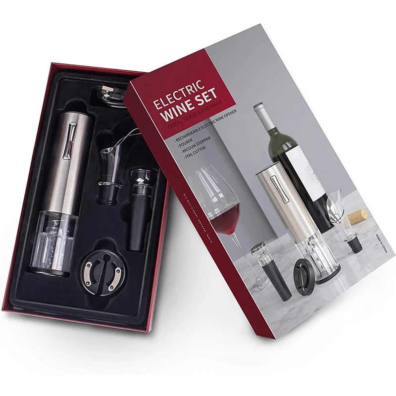 

Electric USB Wine Bottle Opener kit Rechargeable Automatic Corkscrew contains Foil Cutter Vacuum Stopper and Wine Aerator Pourer