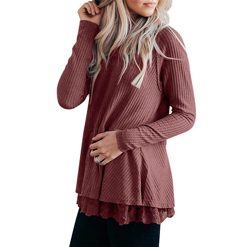 Slim Sweater Female Tops Womens Casual Long Sleeve Knot Waffle Knit Tunic Lace Blouse Cute Shirts Fashion Knitted Soft |