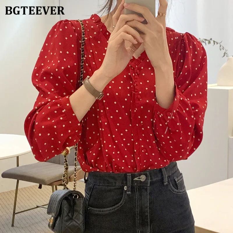 

BGTEEVER Stylish Chic Polka Dots Print Shirts Tops for Women V-neck Long Sleeve Ruffles Female Blouses Ladies Blusas 2021 New