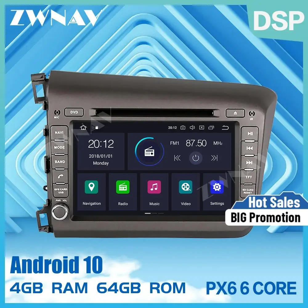 Автомобильный DVD стерео Мультимедийный Плеер PX6 4G + 64G Android 10 0 для Honda Civic 2013 2015 радио