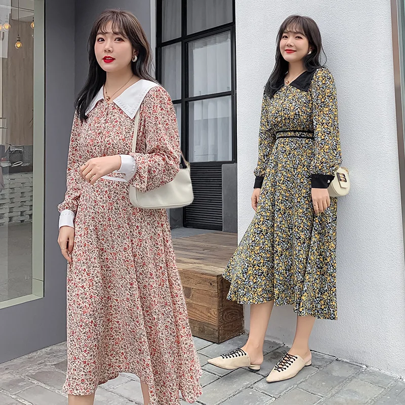 

Summer Vintage Floral Loose Peter Pan Collar Cute Women Dress Spring Printed Long Sleeves Plus Size Holiday Female Red Dress