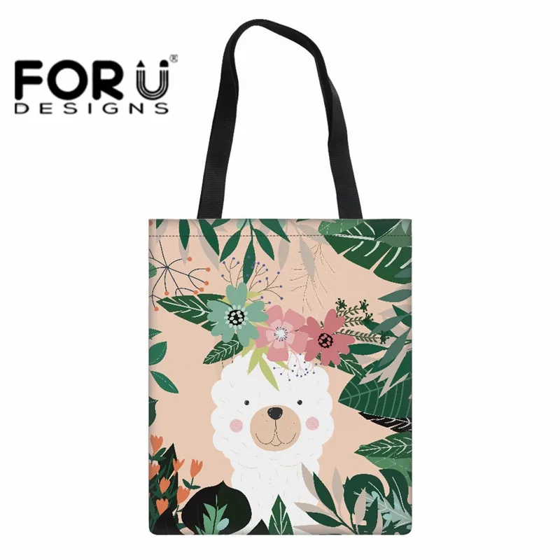 

FORUDESIGNS Cute Alpaca Print Shoulder Bags Women Handbag Casual Canvas Totes Bag Eco-friendly Folding Shopping Bag for Ladies