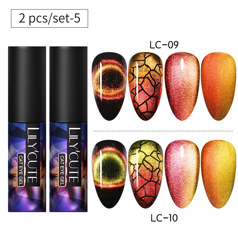 2PCS set 5 LILYCUTE 9D кошачий глаз УФ-гель замачиваемый лак для ногтей для УФ-и светодиодной лампы Магнит Лазерный Сияющий Красочный лак для ногтей лак все для маникюра - Цвет: 2PCS set 5