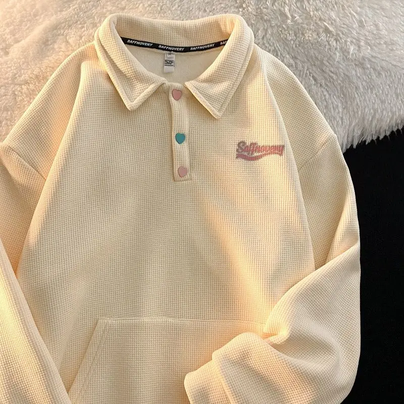 

Осенняя кремово-желтая вафельная Женская толстовка, рубашки поло, женская блузка, толстовка в стиле Харадзюку, свободные повседневные топы ...