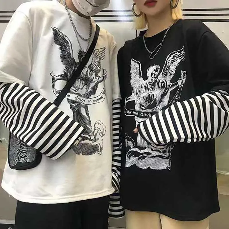 

Harajuku Tshirt Women Patchwork Print Gothic Long Sleeve T-Shirts Oversize Tops Women Clothes Preppy Style Casual Pullover