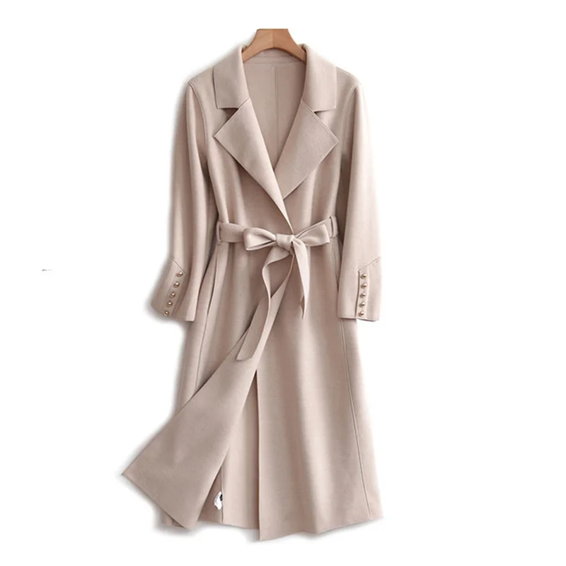 Женское шерстяное пальто однотонное Свободное с поясом Тонкий Повседневный