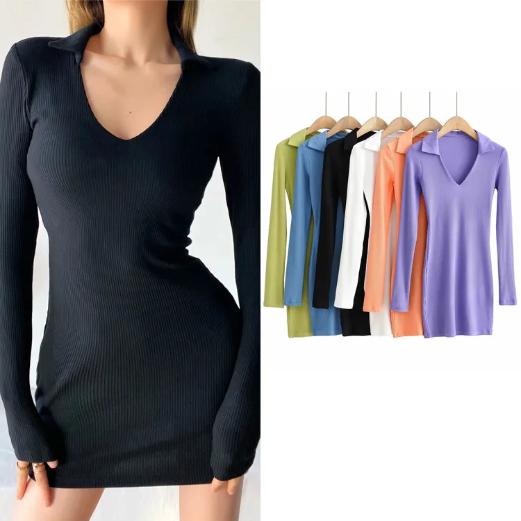 

Za 2021 women Early spring new women's dress with simple POLO collar stretch slim long sleeve hip skirt