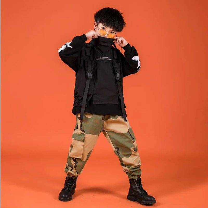 

Детская одежда в стиле хип-хоп, свитшот, рубашка, топ, камуфляжные брюки, куртка, жилет для девочек и мальчиков, костюм для джазовых танцев, од...