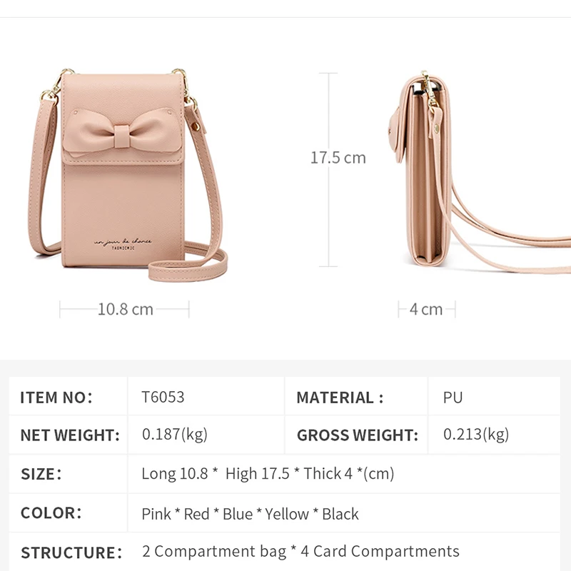 Kawaii Bow Small Crossbody Bag for Girls Soft PU Leather Phone Shoulder Bags Ladies Clutch Handbag Clutch Fashion Portable Purse