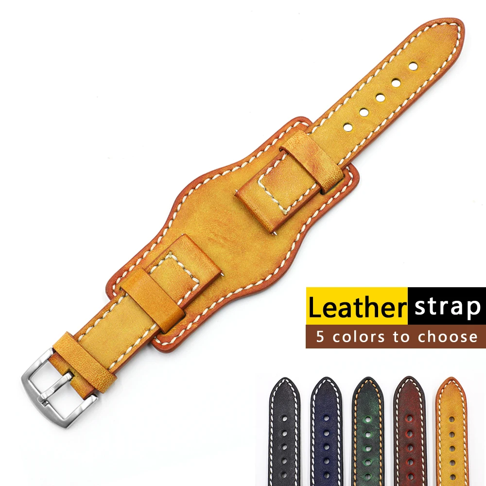 Genuine Leather Watch Band 20mm 22mm 24mm Silver Stainless Steel Buckle Vintage Cowhide Cuff Watch Strap with Mat for Panerai