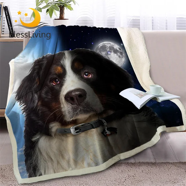 BlessLiving Bernese Mountain Dog Sherpa Blanket on Bed Sky Scenery Throw Blanket Animal Bedspread Day and Night Sofa Cover 1