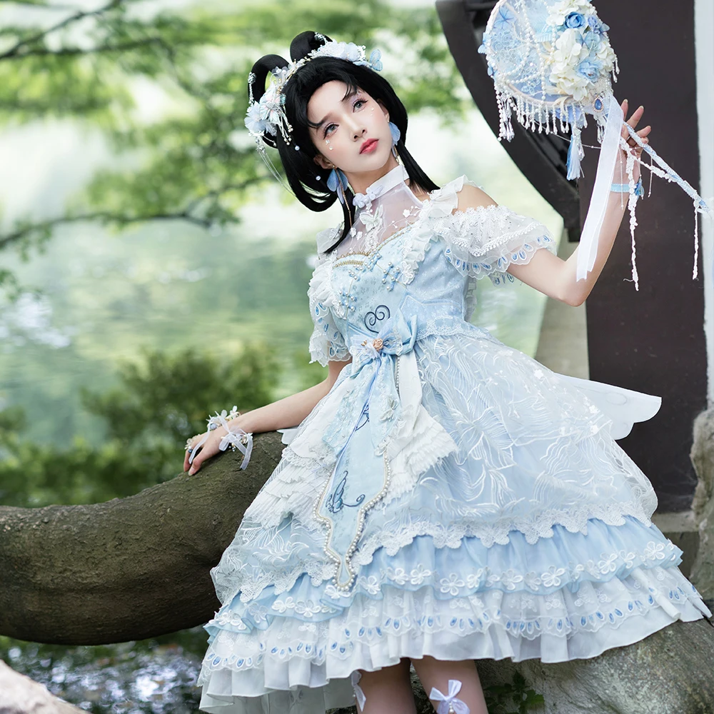 Melonshow Classic Lolita Dress JSK Plus Size Blue Lace Bow Victorian Dress Women Tea Party Kawaii Clothes Japanese Sweet Skirt