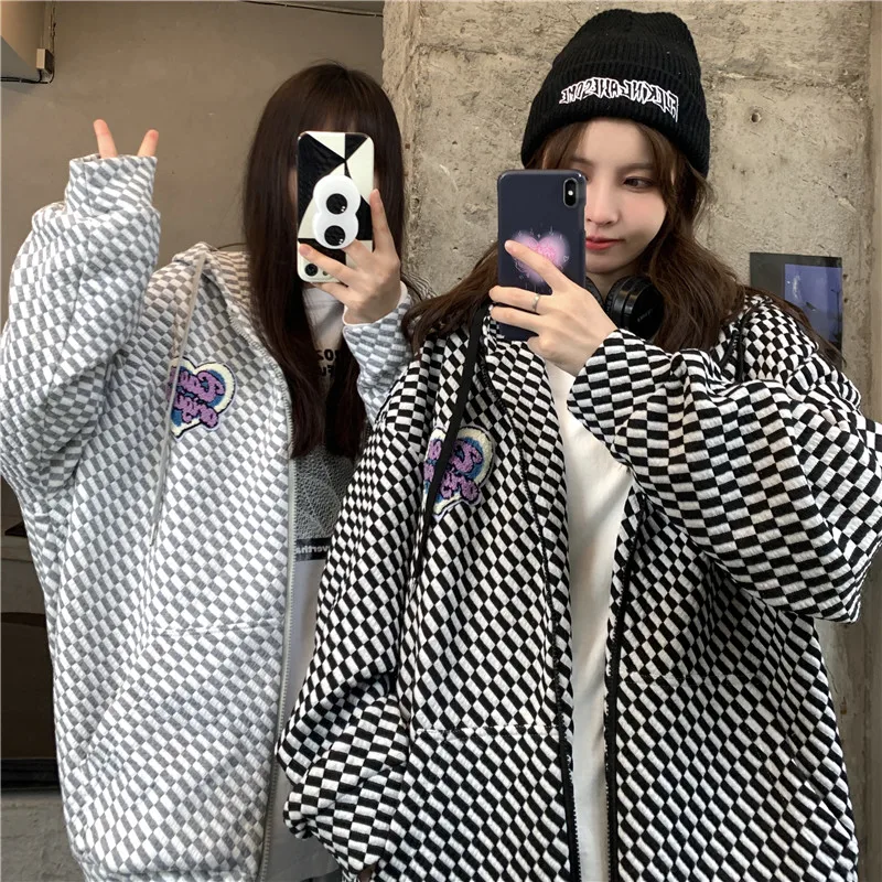 

Шахматный клетчатый кардиган, свитшоты для женщин, Осеннее модное пальто в стиле Ins, толстовки большого размера с длинным рукавом и вышивкой...