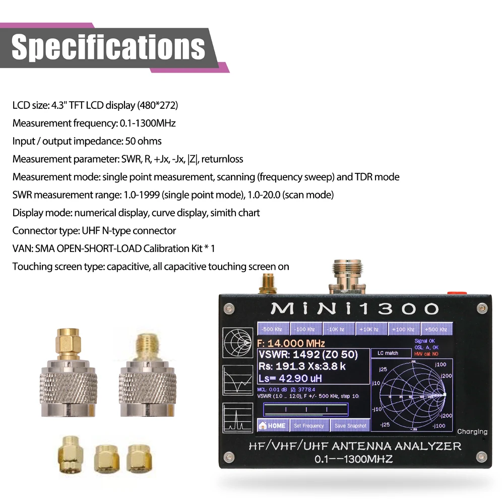 MINI1300 Antenna Analyzer 0.1-1300MHz 4.3 Inch Digital Display Touching Screen HF VHF UHF ANT SWR with TF Card |