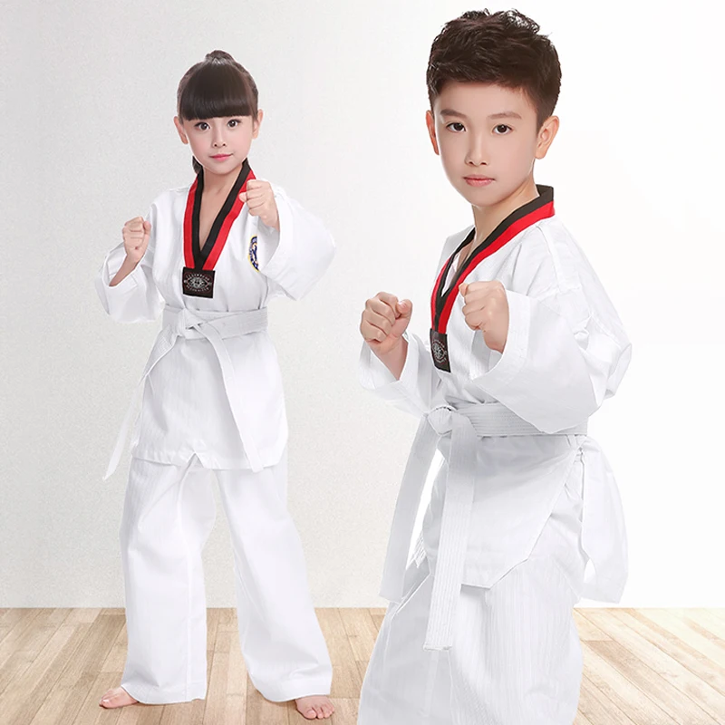 2022 TKD Костюмы Одежда Белые униформы для тхэквондо WTF Karate Judo Dobok одежда для детей и взрослых унисекс Униформа с длинным рукавом Gi