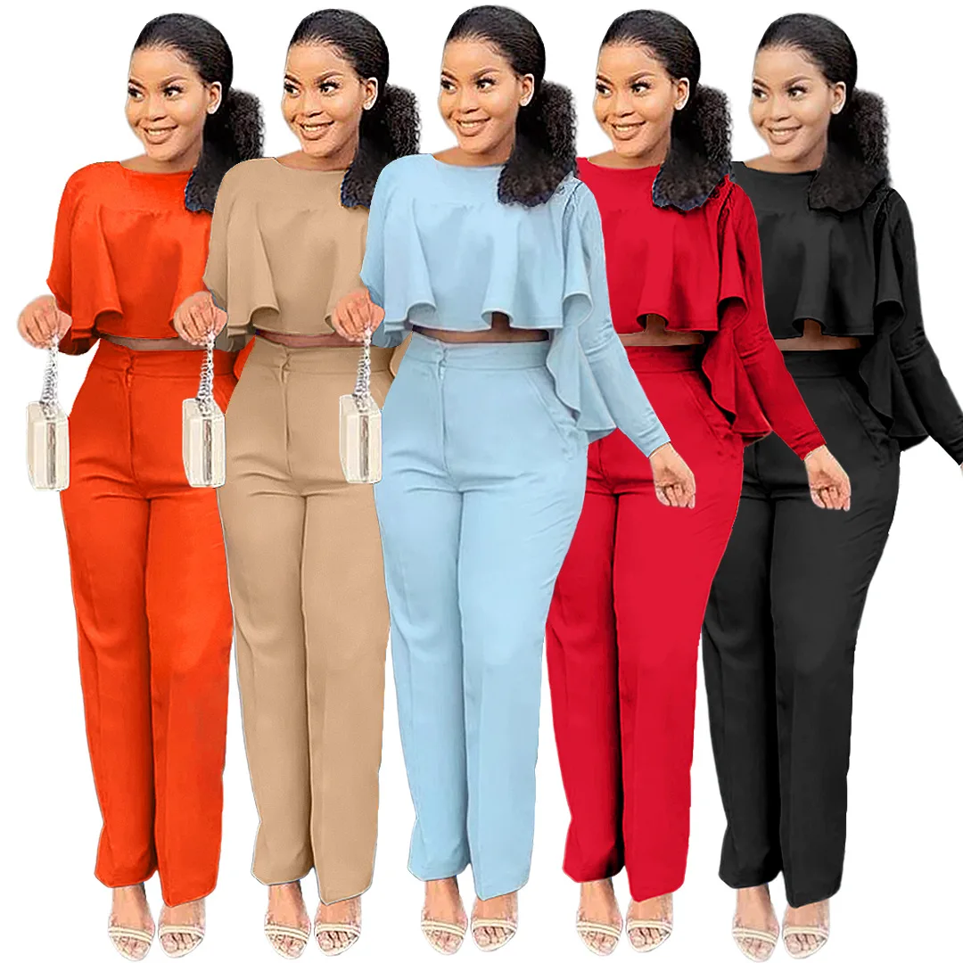 

Chiclover Элегантный женский комплект из двух предметов, оптовая продажа предметов, оборки, Офисная Женская одежда, прямые брюки с карманами на ...