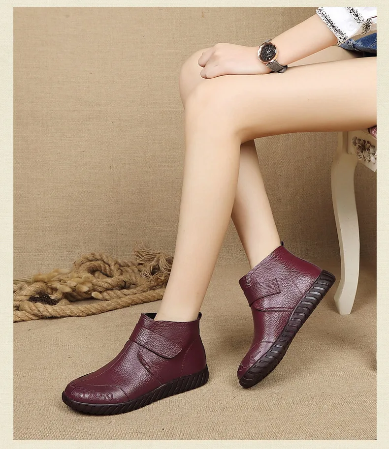 GKTINOO/ г. Зимние женские ботинки из натуральной кожи ручной работы г. botas Mujer, однотонные Зимние ботильоны без застежки ботинки на плоской подошве