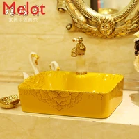 square jingdezhen art ceramic table basin washbasin washbasin square yellow golden peony