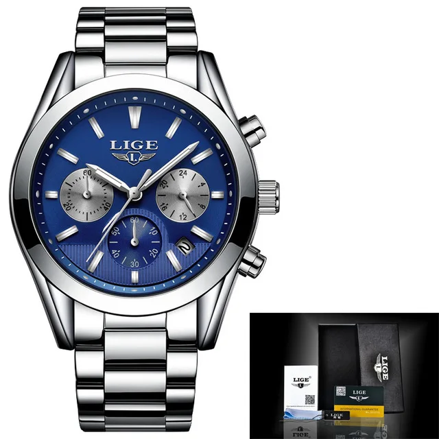 Montre Homme Часы для мужчин люксовый бренд LIGE Хронограф Мужские спортивные часы водонепроницаемые полностью Стальные кварцевые мужские часы Relogio Masculino - Цвет: steel silver blue