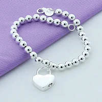 925 sterling silver heart lock 6mm beads chain bracelets jewelry women top quality lovers bracelets jewelry gift
