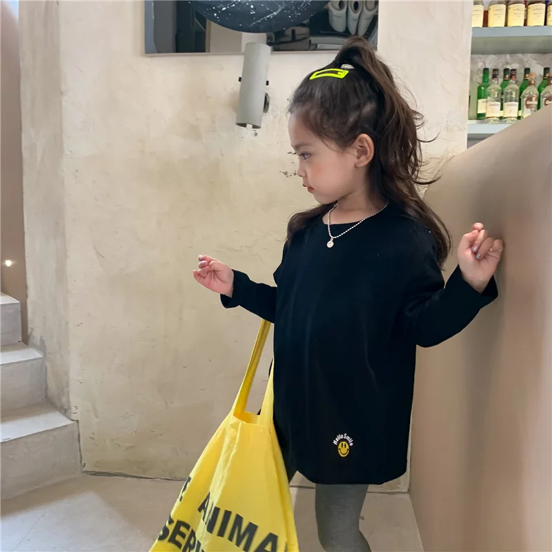 Camisetas de estilo largo con bordado de sonrisa para ni&ntilde;as, camisas de manga larga para ni&ntilde;os, Tops b&aacute;sicos de algod&oacute;n holgados para oto&ntilde;o, 2021-5