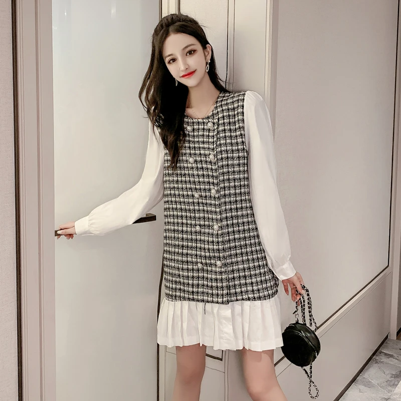 Клетчатое платье женское 2019 осень Новое Женское французское офисное винтажное