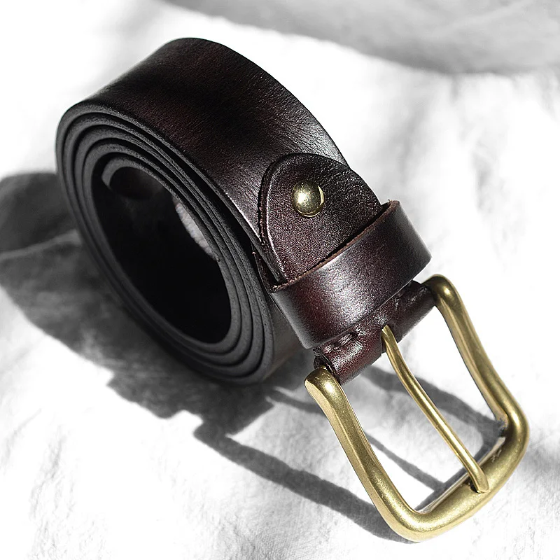 

Pure leather copper buckle belt men's leather pure copper vintage old denim pin buckle belt men's whole head layer leather